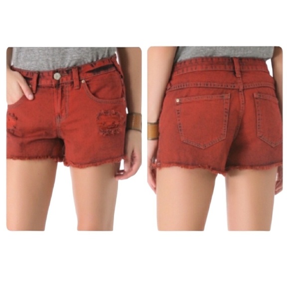 Free People Pants - FREE PEOPLE Overdyed Distressed Jean Shorts w/ Raw Hem in Sunrise Red Size 26